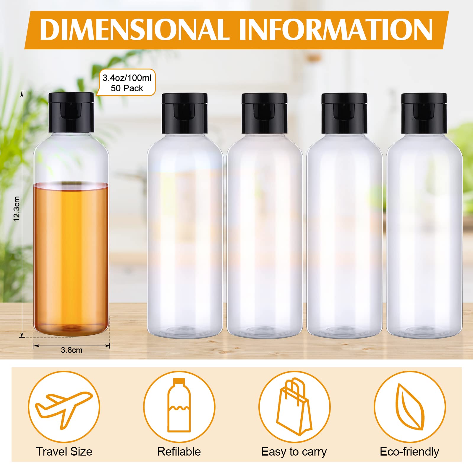 50 Piece 3.4 Oz Travel Bottles With Flip Cap Plastic Empty Bottles Refillable Flip Cover Dispensing Squeeze Bottles With 2 Funne